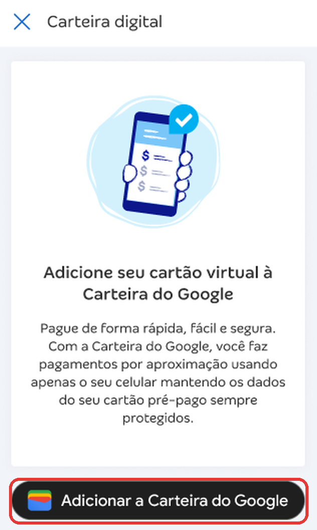 Tela Carteira digital no Android com destaque no botão Adicionar a Carteira do Google