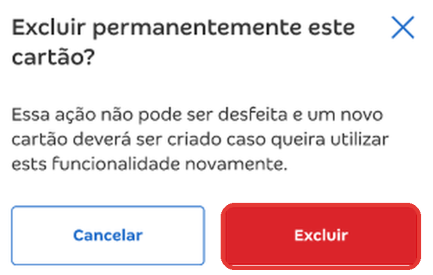 Mensagem Excluir permanentemente este cartão? com destaque no botão Excluir