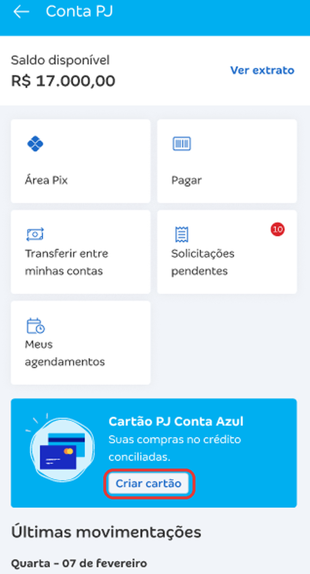 Tela inicial da Conta PJ no aplicativo Conta Azul de Bolso com destaque no botão Criar cartão do banner Cartão PJ Conta Azul