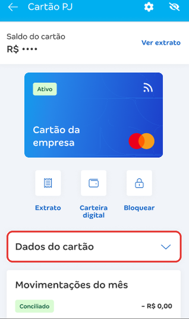 Tela Cartão PJ com destaque na opção Dados do cartão