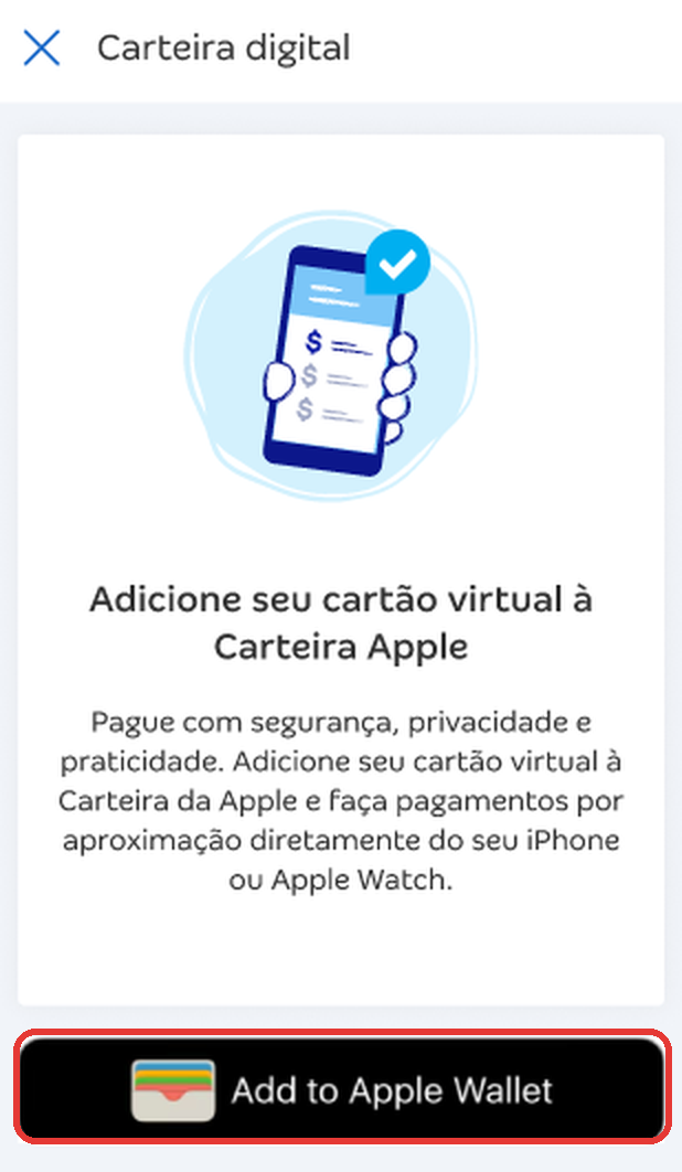 Tela Carteira digital no iPhone com destaque no botão Add to Apple Wallet
