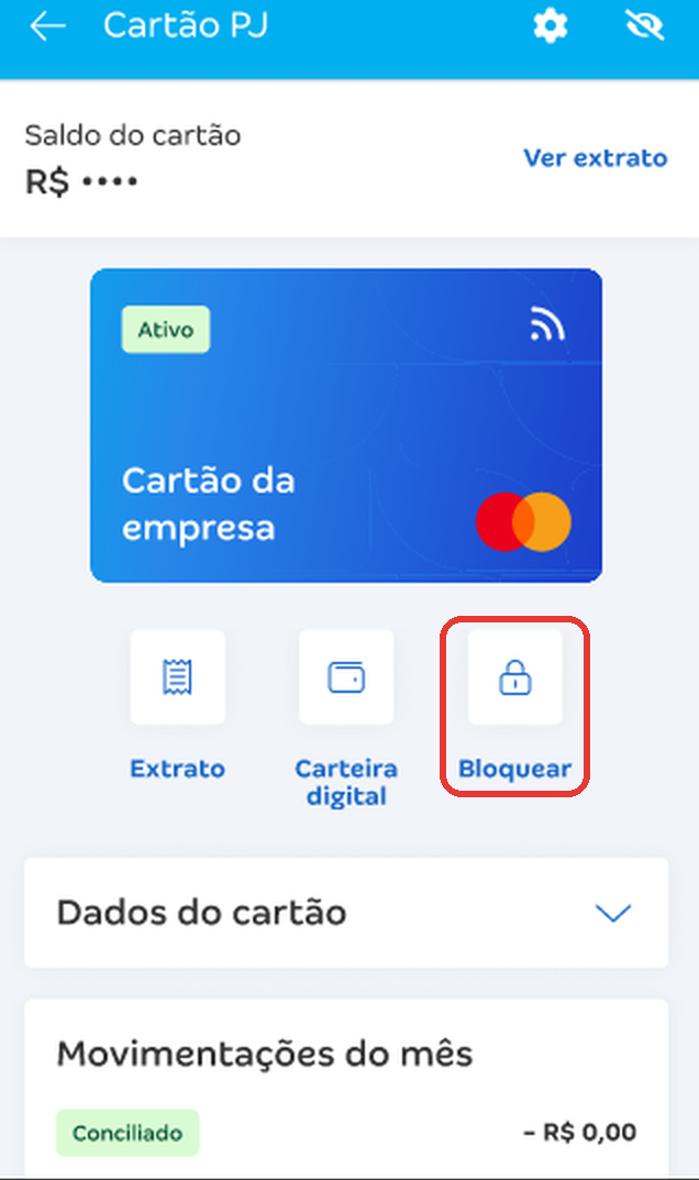 Tela Cartão PJ com destaque no botão Bloquear