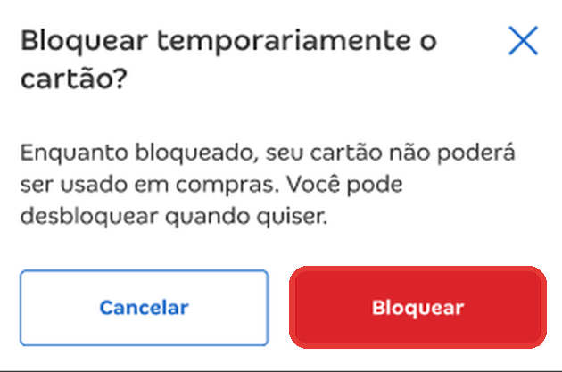 Mensagem Bloquear temporariamente o cartão? com destaque no botão Bloquear