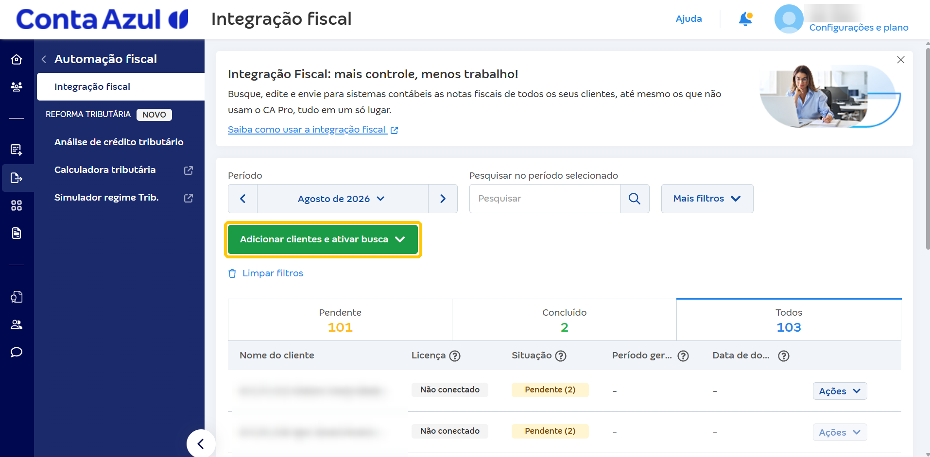 Tela Integração fiscal com destaque no botão Adicionar clientes e ativar busca