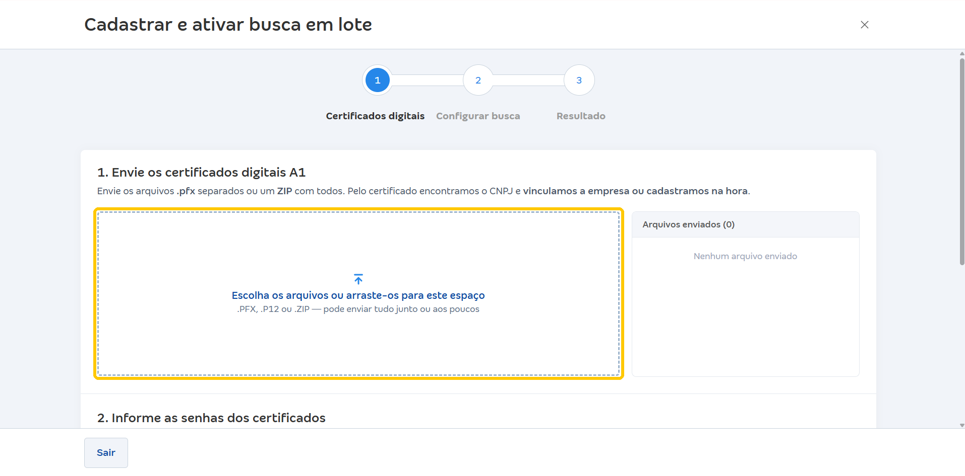 Etapa Certificados digitais com destaque na área de envio dos certificados A1