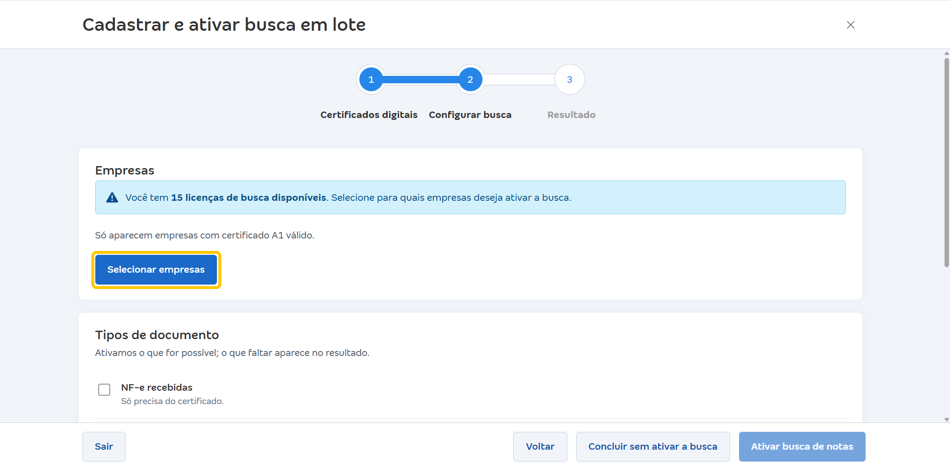 Etapa Configurar busca com destaque no botão Selecionar empresas