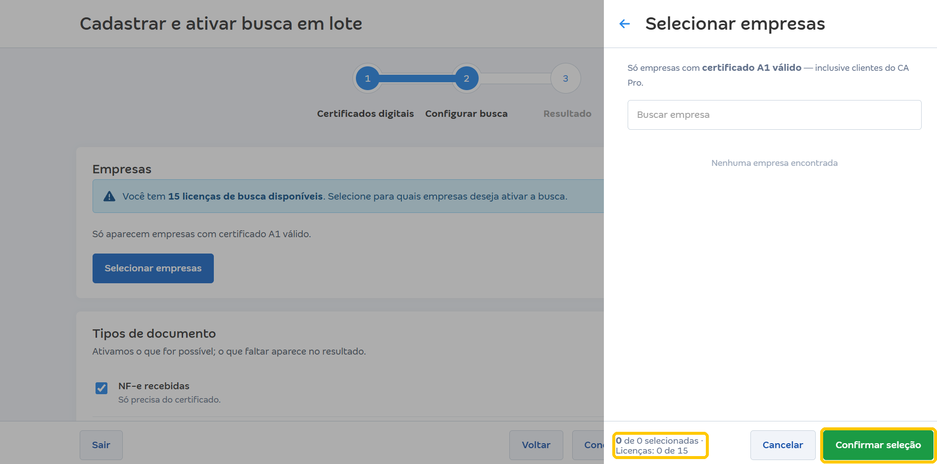 Painel Selecionar empresas com destaque no contador de licenças e no botão Confirmar seleção