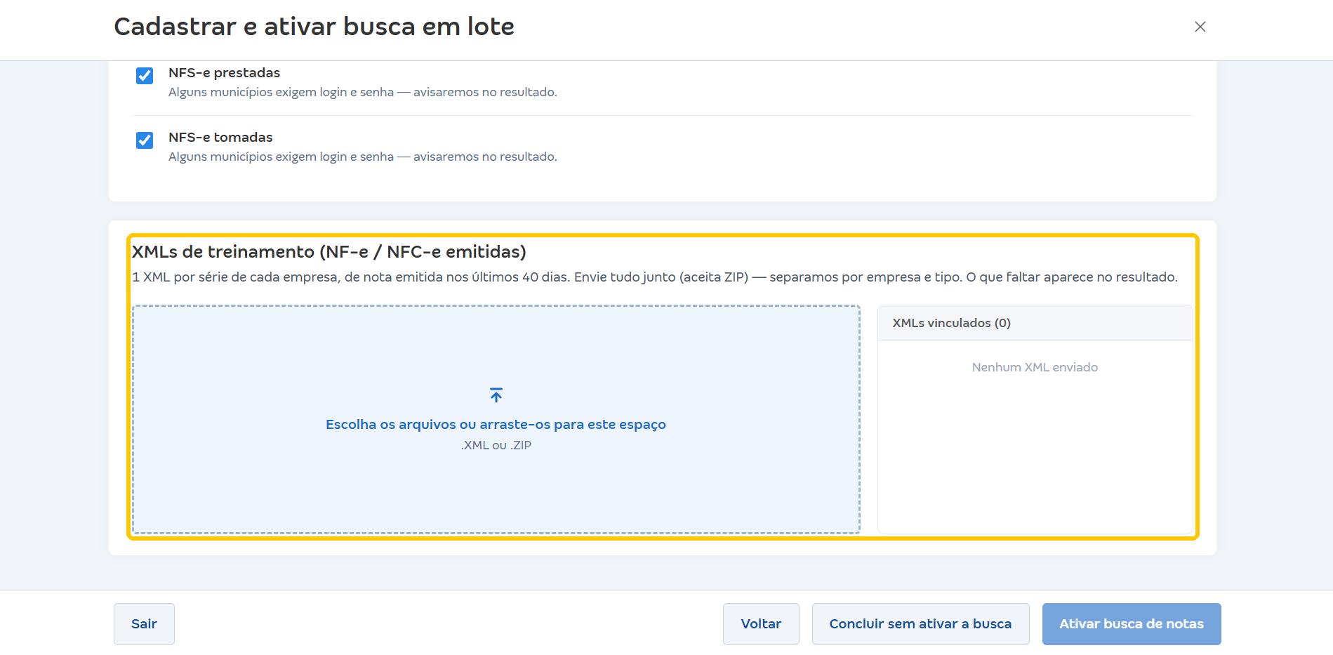 Seção XMLs de treinamento para NF-e e NFC-e emitidas