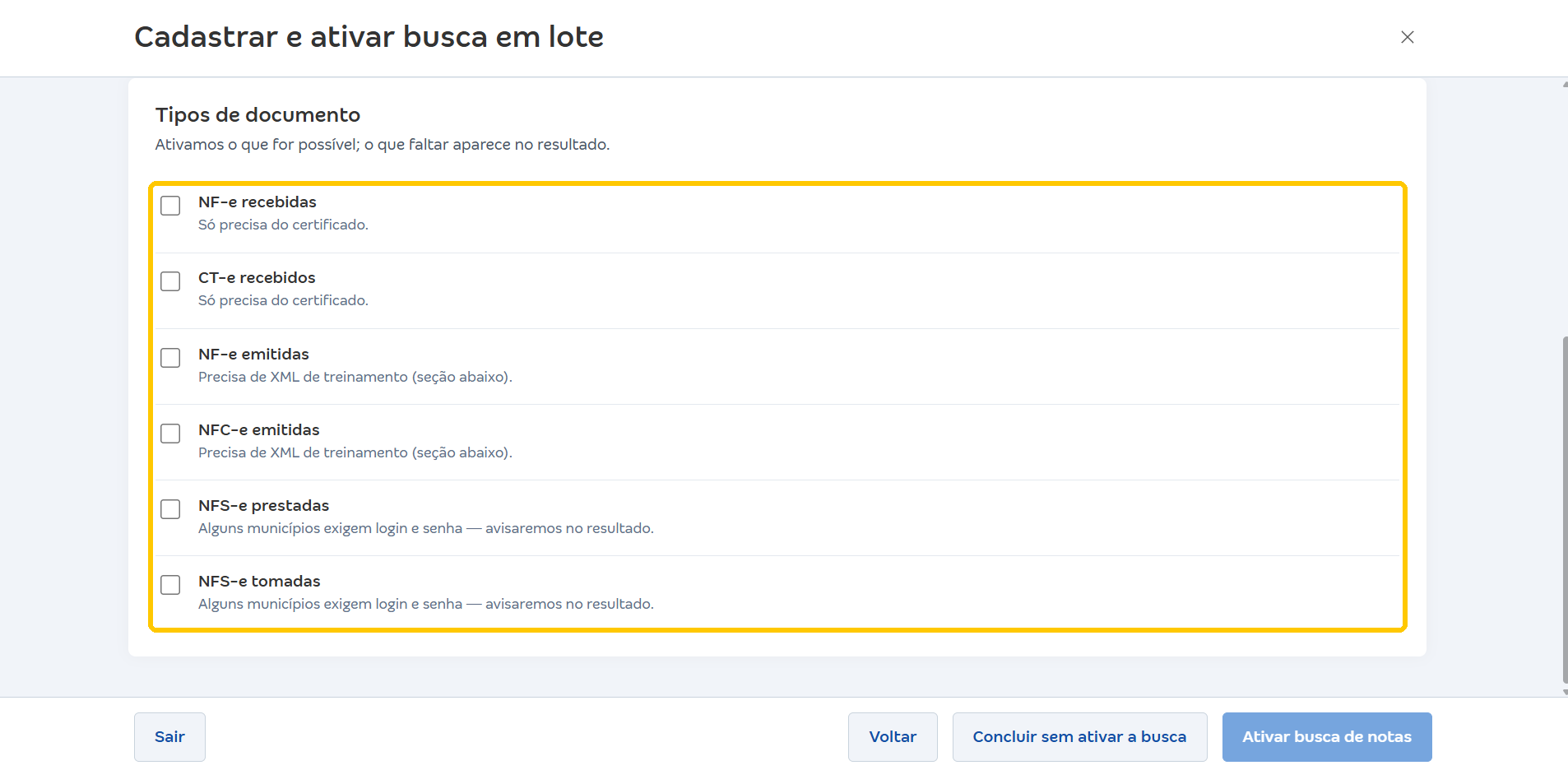 Seção Tipos de documento com os tipos de nota disponíveis para a busca em lote