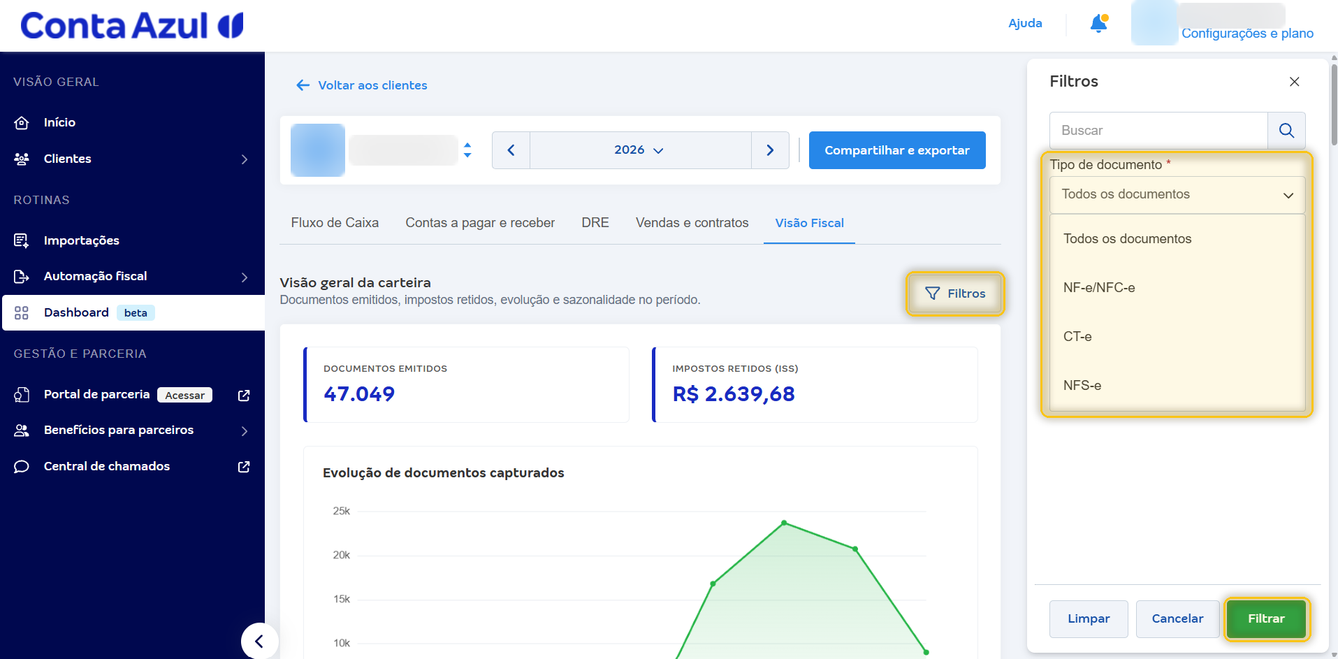 Painel Filtros da Visão Fiscal com o campo Tipo de documento e o botão Filtrar em destaque