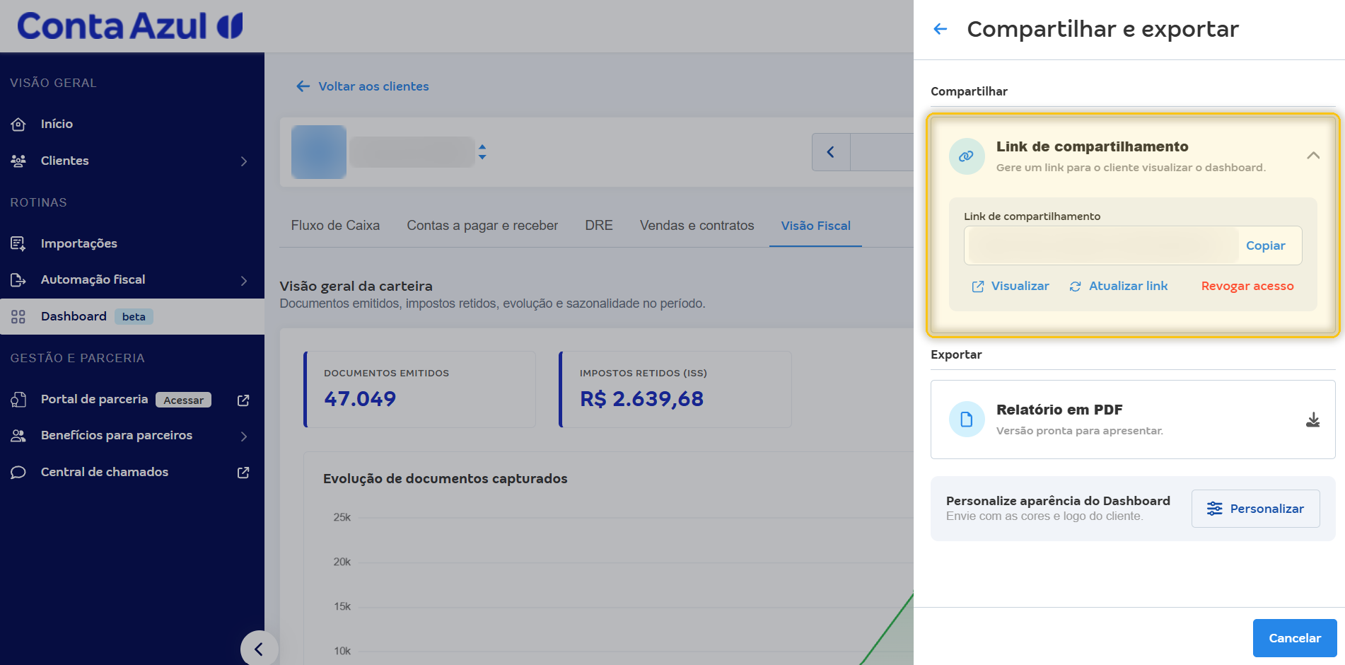 Link de compartilhamento aberto com as opções Copiar, Visualizar, Atualizar link e Revogar acesso