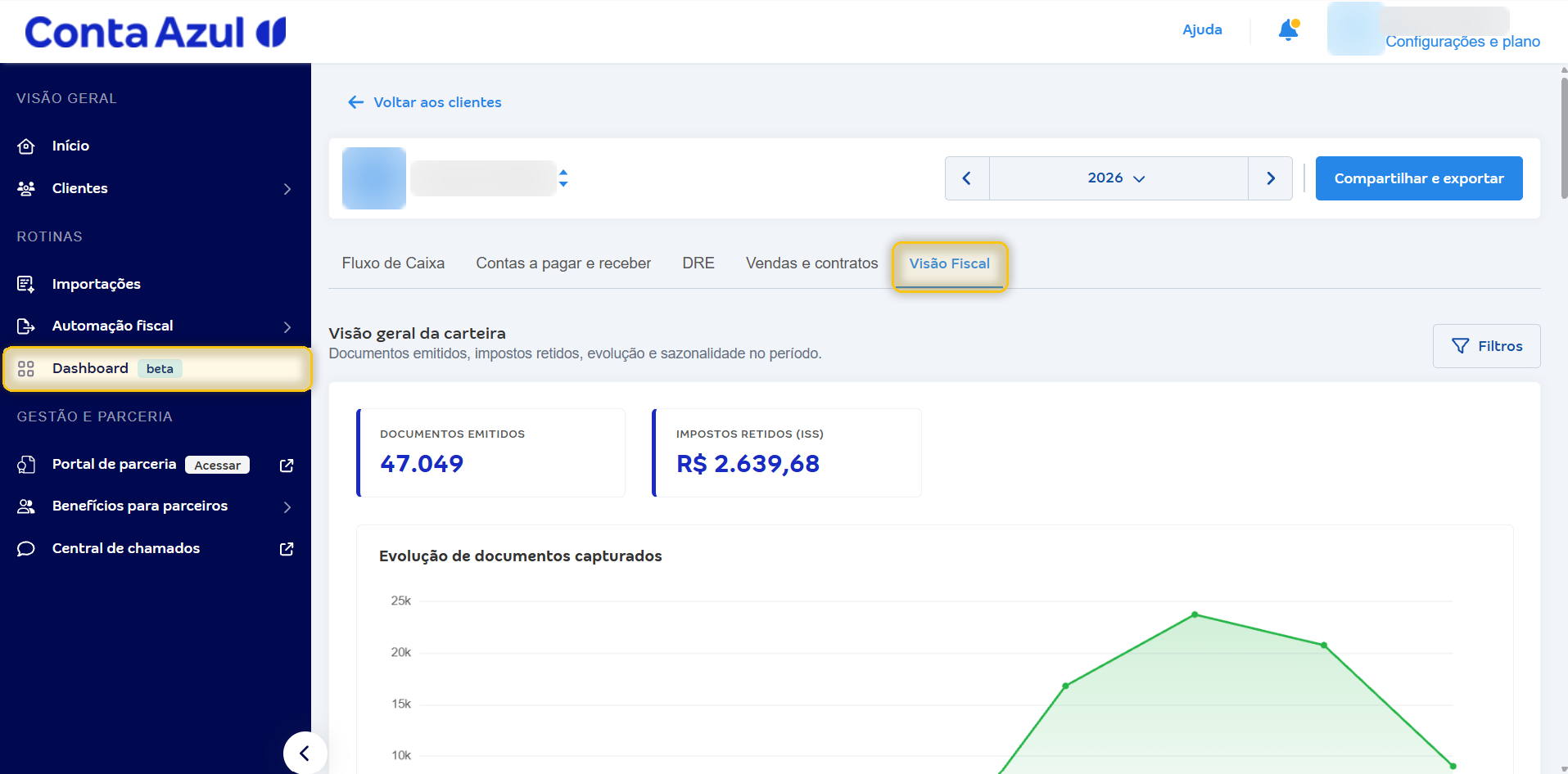 Menu Dashboard da Conta Azul Mais com a aba Visão Fiscal em destaque