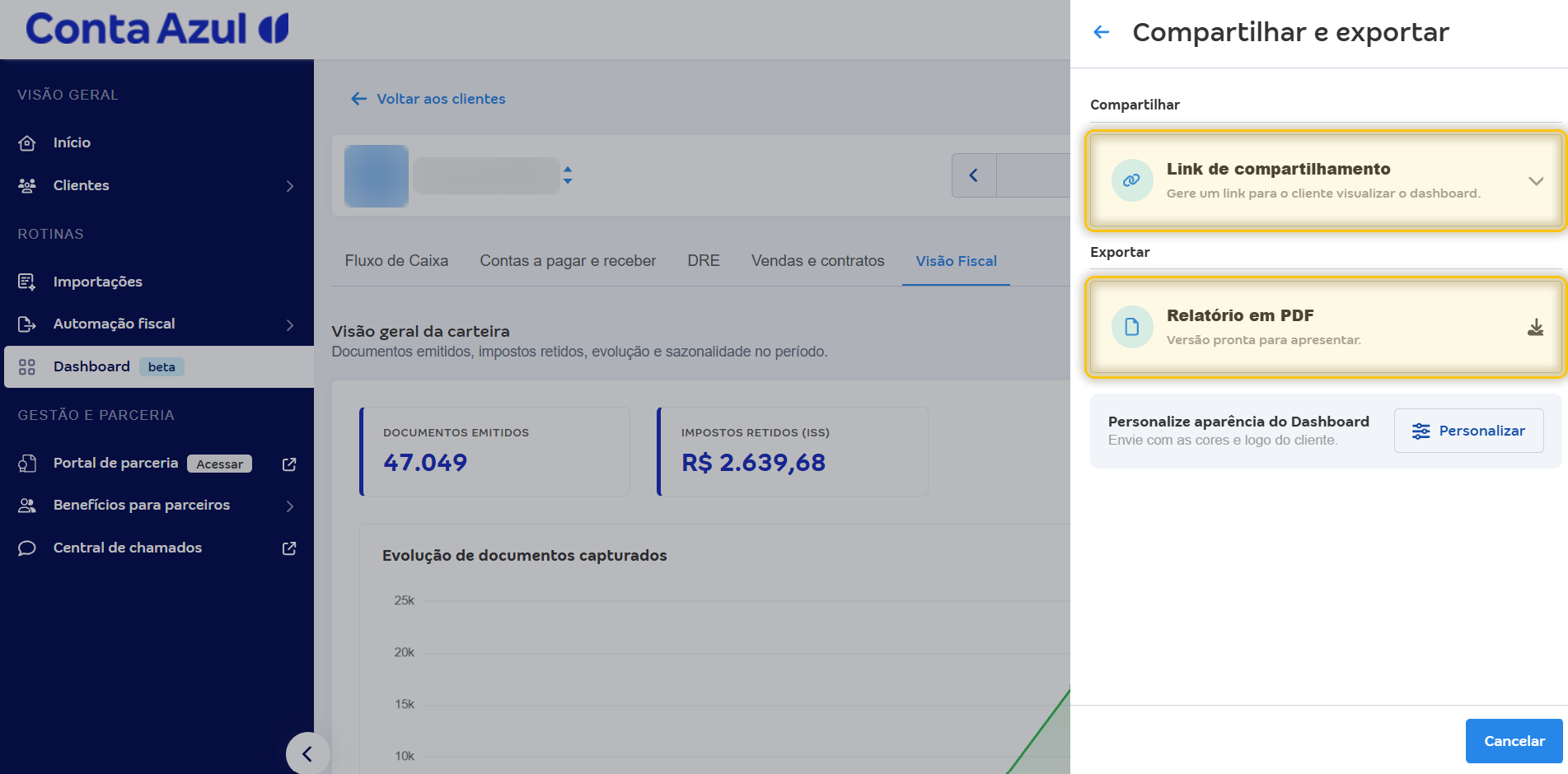 Painel Compartilhar e exportar com as opções Link de compartilhamento e Relatório em PDF em destaque