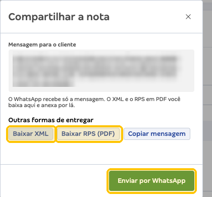 Janela Compartilhar a nota com Baixar XML, Baixar RPS (PDF) e Enviar por WhatsApp em destaque