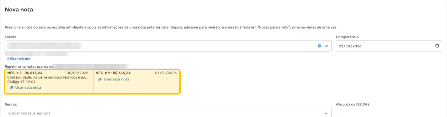 Bloco Nova nota com as notas recentes do cliente e as opções Usar esta nota em destaque
