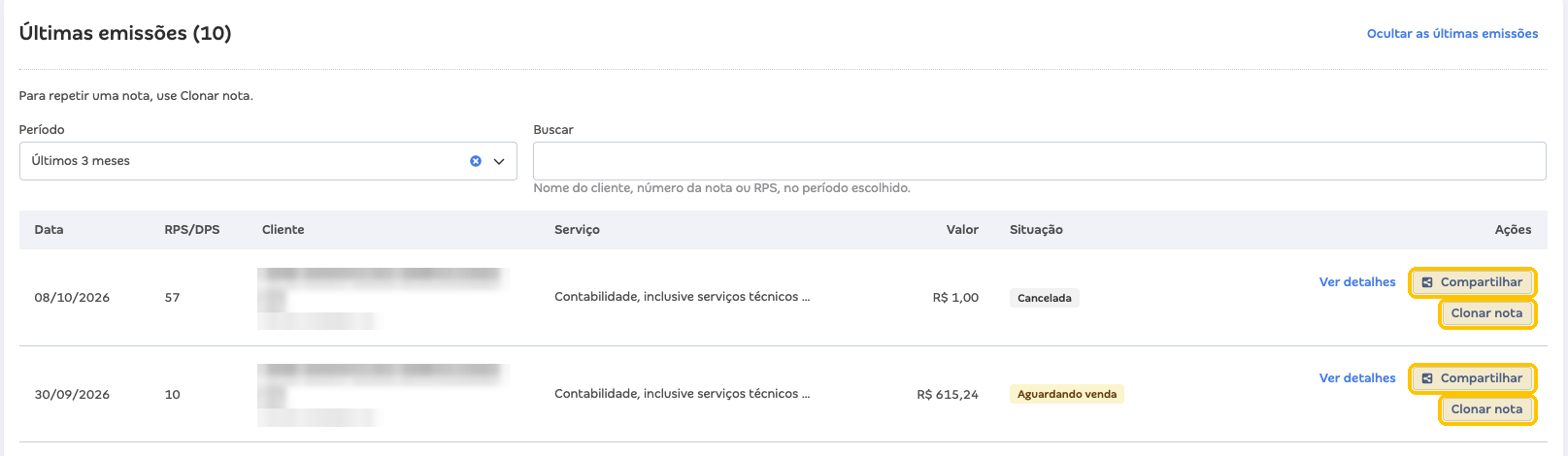 Lista Últimas emissões com os botões Compartilhar e Clonar nota em destaque