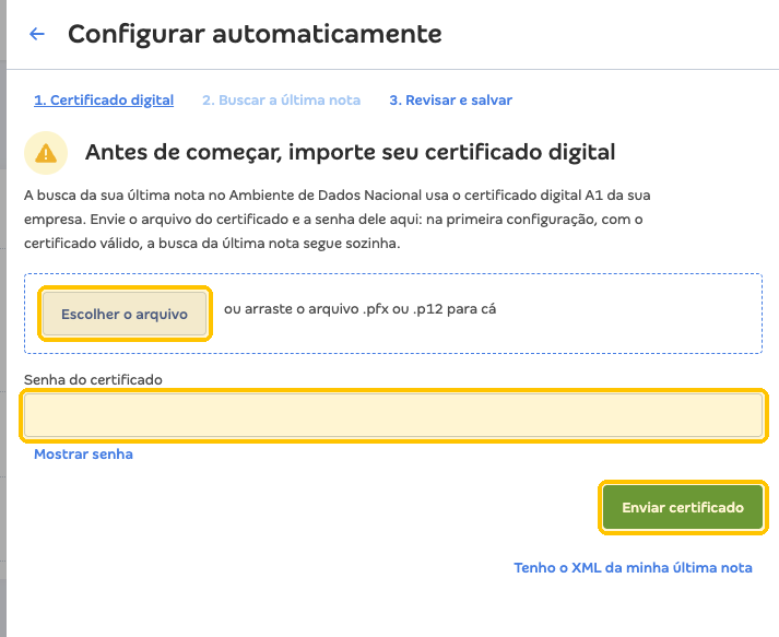 Etapa Certificado digital do painel Configurar automaticamente, com Escolher o arquivo, Senha do certificado e Enviar certificado em destaque