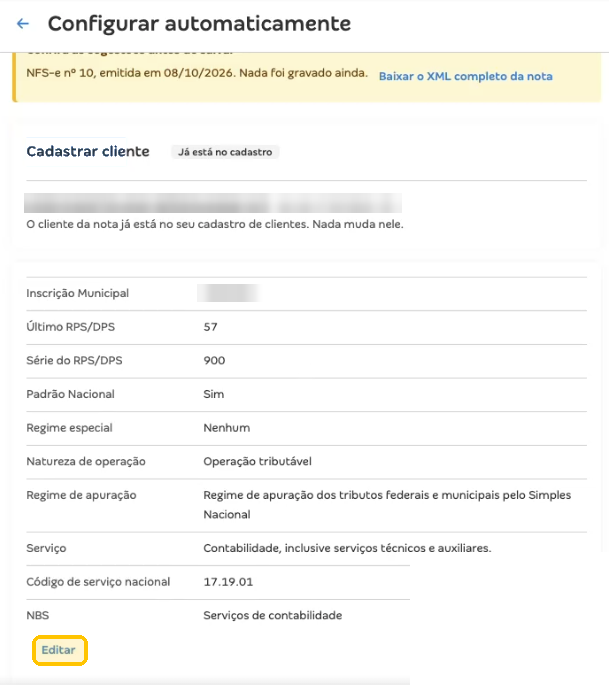 Etapa Revisar e salvar com os dados sugeridos a partir da última nota e o link Editar em destaque