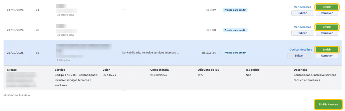 Lista Notas para emitir com os botões Emitir de cada nota e o botão Emitir 4 notas em destaque
