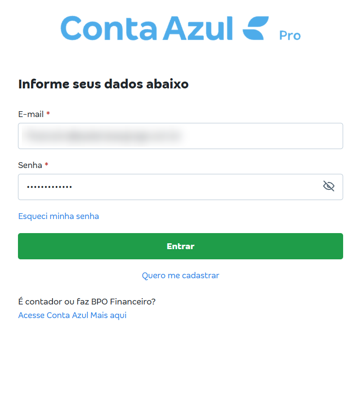 Tela de login da Conta Azul Pro com os campos E-mail e Senha e o botão Entrar