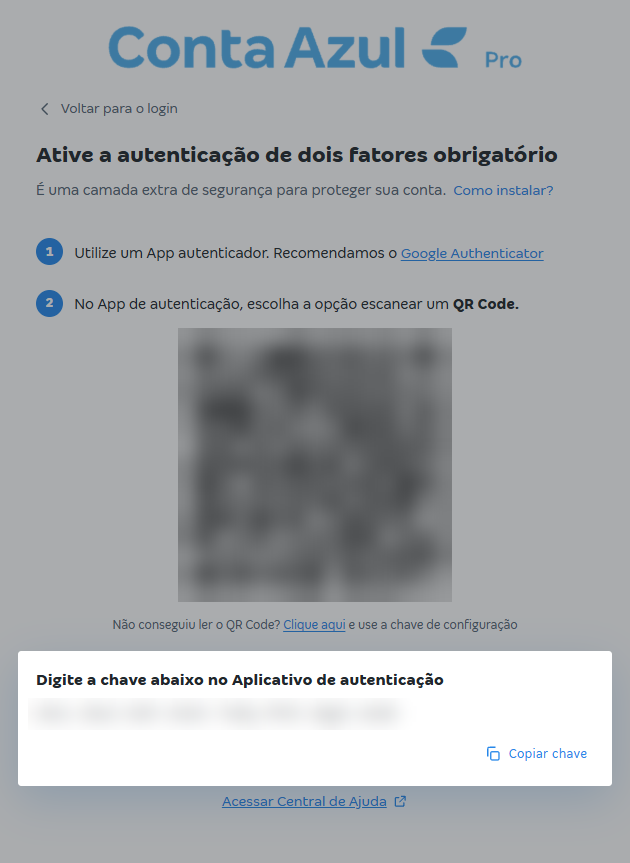 Janela Digite a chave abaixo no Aplicativo de autenticação, com a chave de configuração e o botão Copiar chave