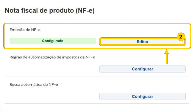 Configurações de notas fiscais com o botão Editar da linha Emissão de NF-e destacado