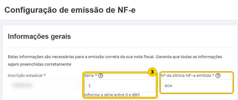 Campo Série da NF-e destacado, com a dica de valores entre 0 e 889