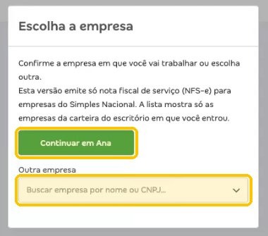 Janela Escolha a empresa com o botão Continuar em e o campo Outra empresa em destaque