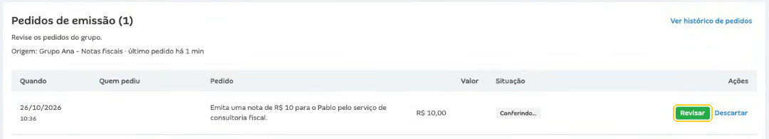 Lista Pedidos de emissão com o pedido recebido pelo grupo e o botão Revisar em destaque