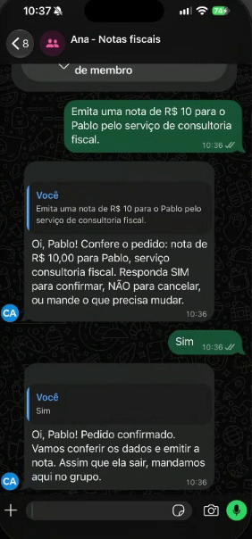 Conversa no grupo do WhatsApp com o pedido de nota, a confirmação do pedido e a resposta SIM do cliente