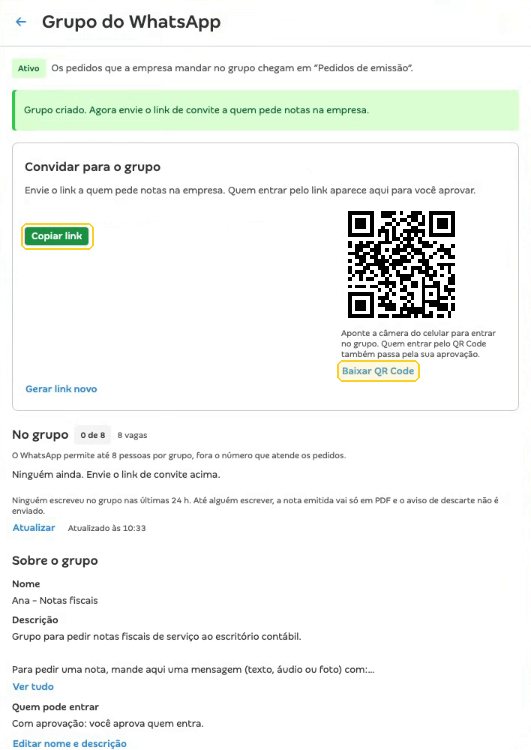 Painel Grupo do WhatsApp com o link de convite, o QR Code e as informações do grupo, com os botões Copiar link e Baixar QR Code em destaque