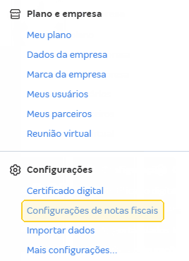 Menu Configurações e plano aberto, com destaque para a opção Configurações de notas fiscais.