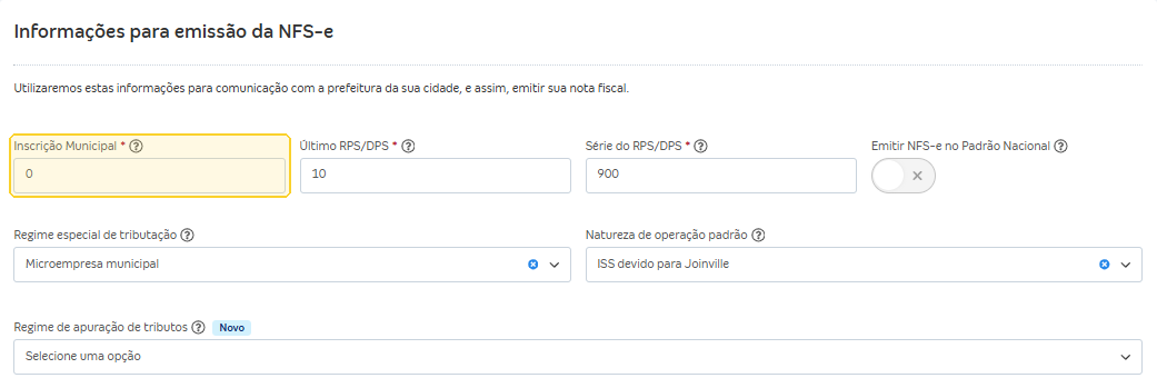 Seção Informações para emissão da NFS-e, com destaque para o campo Inscrição Municipal.