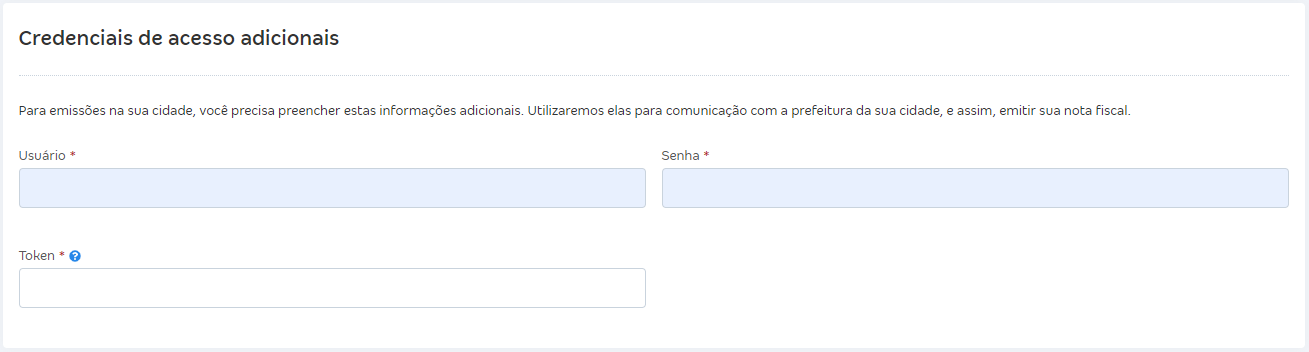 Seção Credenciais de acesso adicionais com os campos Usuário, Senha e Token.