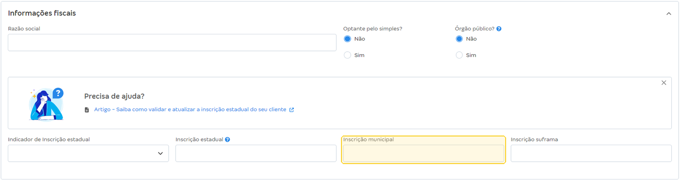 Seção Informações fiscais do cadastro do cliente com os campos Razão social, Órgão público? e destaque para Inscrição municipal.