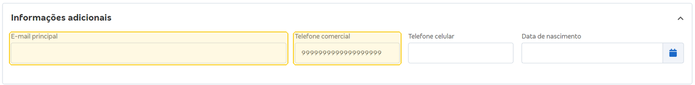 Seção Informações adicionais do cadastro do cliente com os campos E-mail principal, Telefone comercial, Telefone celular e Data de nascimento.
