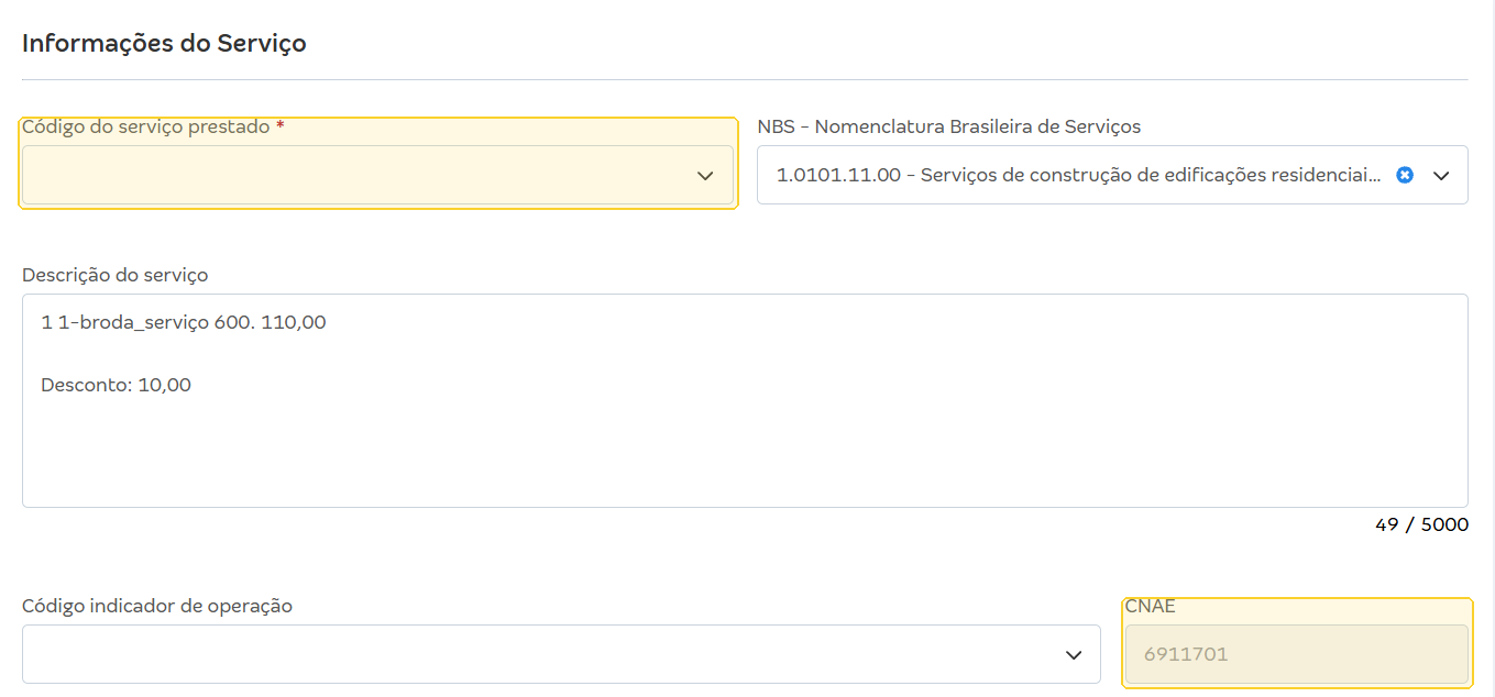 Rascunho da NFS-e, bloco Informações do Serviço, com destaque em Código do serviço prestado e CNAE