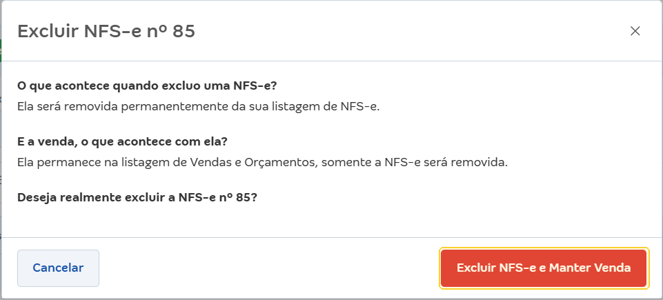 Confirmação Excluir NFS-e com destaque no botão Excluir NFS-e e Manter Venda