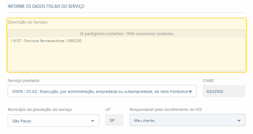 Rascunho da NFS-e no bloco Informe os dados fiscais do serviço, com o campo Descrição do serviço destacado