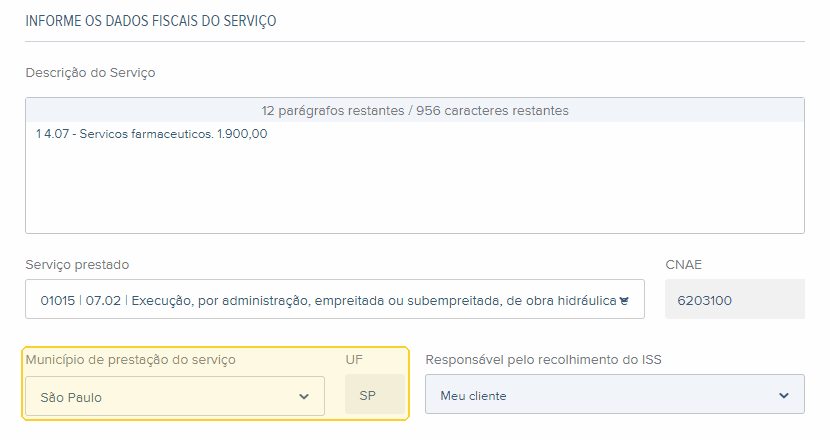 Rascunho da NFS-e no bloco Informe os dados fiscais do serviço, com os campos Município de prestação do serviço e UF destacados