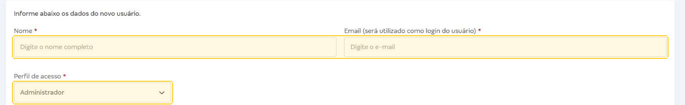 Formulário Novo Usuário com os campos Nome, Email e Perfil de acesso destacados