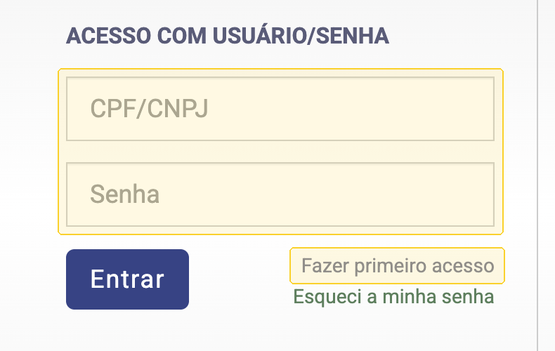 Tela de login do Emissor Nacional com os campos CPF/CNPJ e Senha e a opção Fazer primeiro acesso