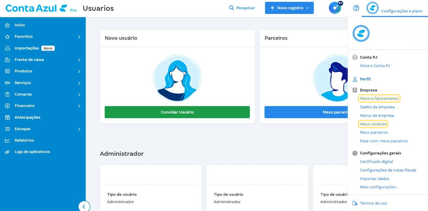 Tela Meus usuários com o menu Configurações e plano aberto no perfil Administrador, com Plano e faturamento e Meus usuários destacados