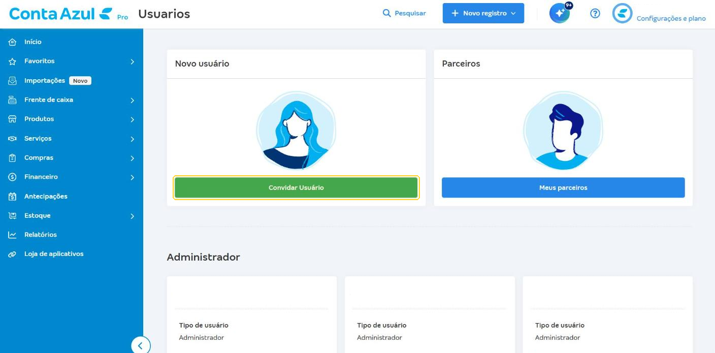 Tela Meus usuários com o botão Convidar Usuário destacado