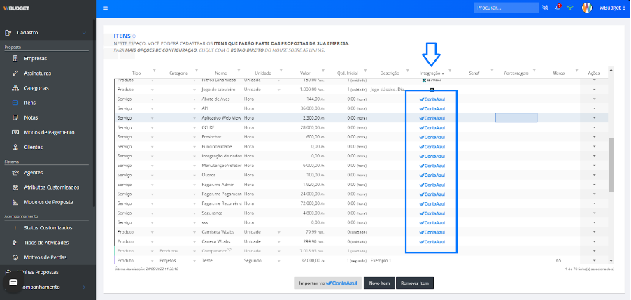 Tela de itens importados com destaque para a coluna Integração Conta Azul.