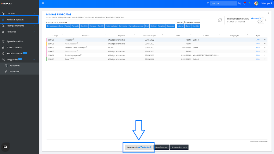 Tela de Minhas Propostas da WBudget com destaque para o botão Importar via Conta Azul.