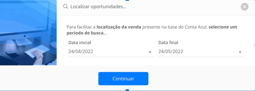 Tela de configuração do período de busca de negociações.