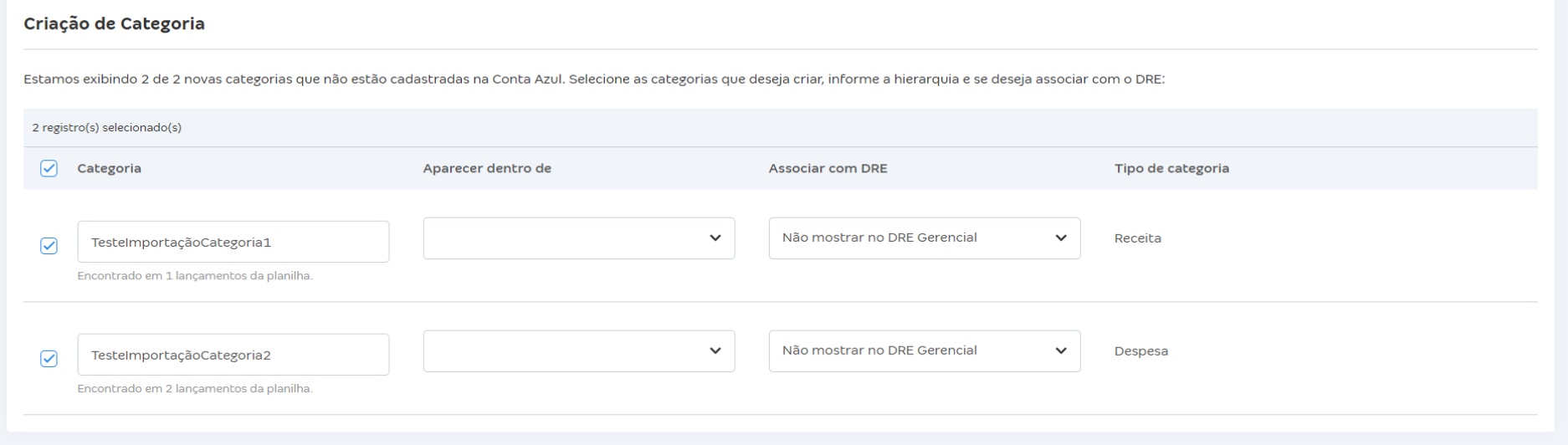 Tela de criação de categorias financeiras na importação da planilha padrão de lançamentos financeiros.