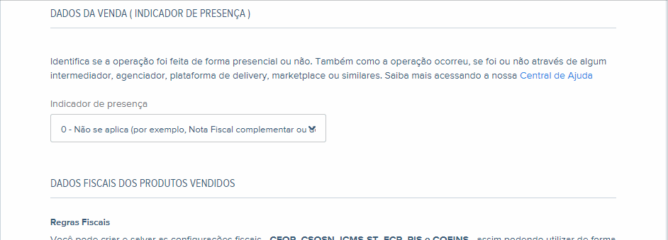Tela da NF-e com destaque para os campos Indicador de presença e Como a operação ocorreu.
