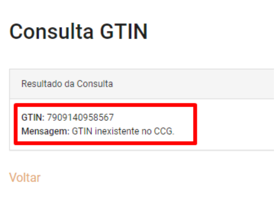 Exemplo de rejeição GTIN inexistente.
